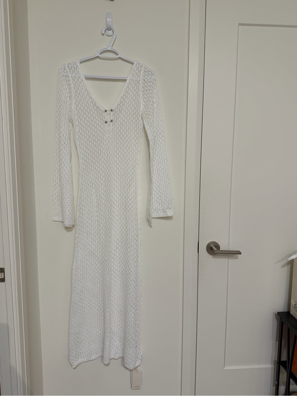 Commense White Open-Knit Long-Sleeve Maxi Dress
